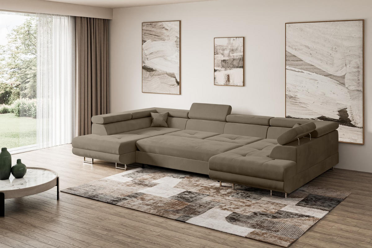 WOHNLANDSCHAFT mit Schlaffunktion und Bettkasten GUSA-U 342x202x107 cm Braun Velours - Silberfarben/Braun, Holzwerkstoff/Textil (342/107/202cm) - ALTDECOR