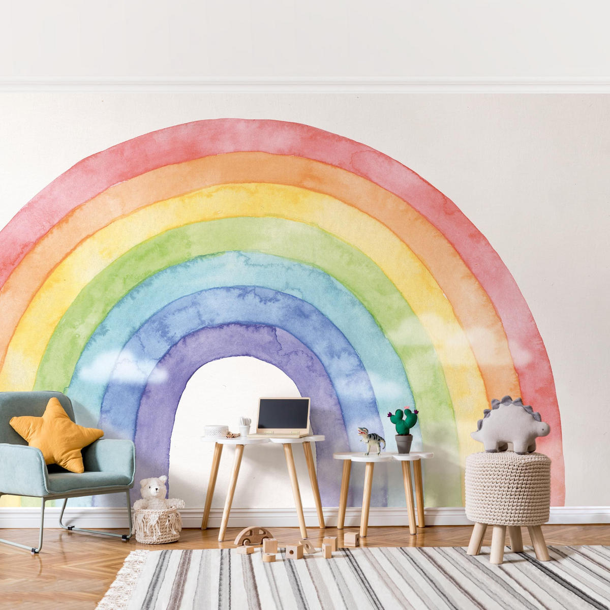 FOTOTAPETE Regenbogen und Wolken Wasserfarben 432/290 cm - Multicolor, Papier (432/290cm) - Bilderwelten