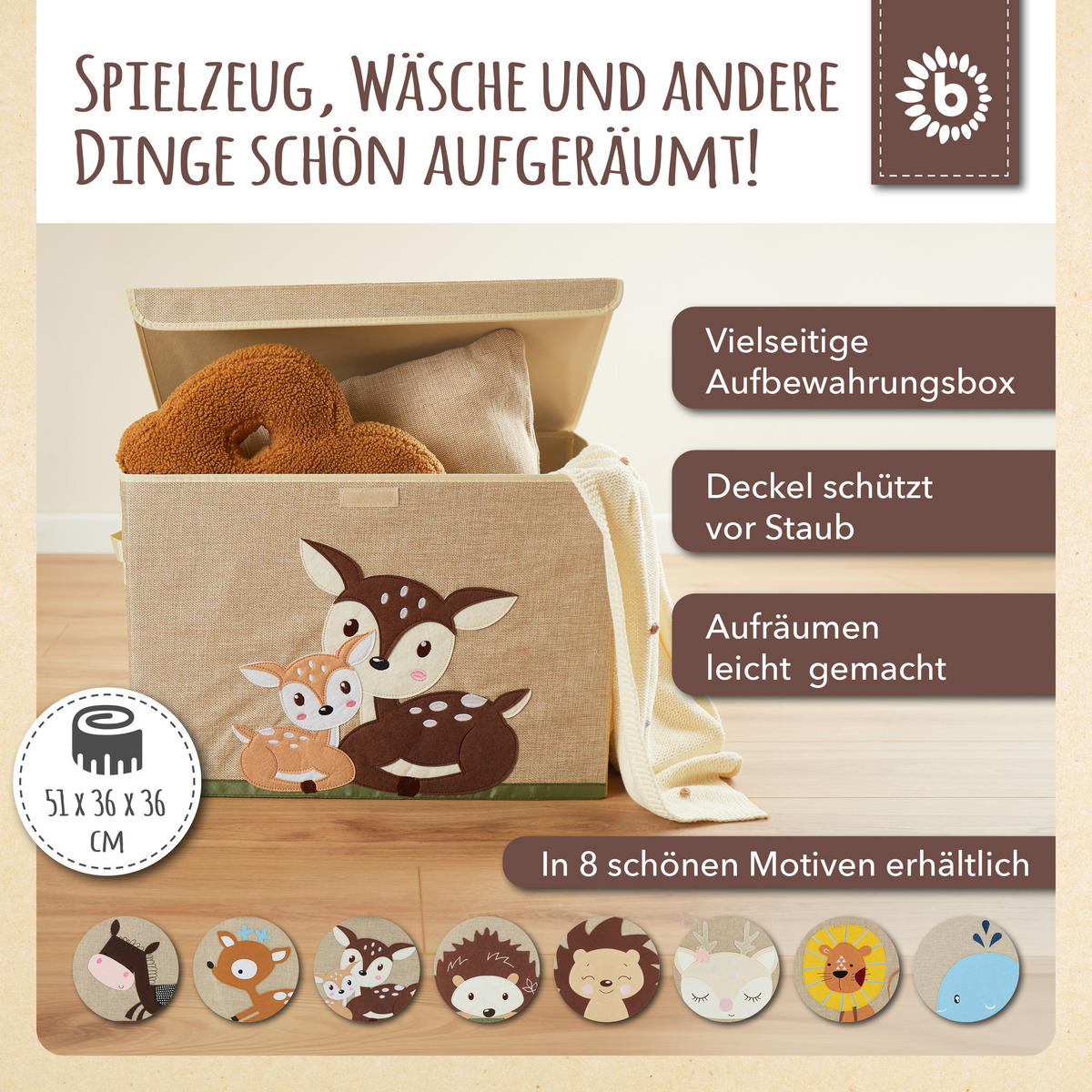 AUFBEWAHRUNGSBOX mit Deckel 65L, faltbar - Beige/Bronzefarben, Textil (51/36cm) - Bieco Spielwaren
