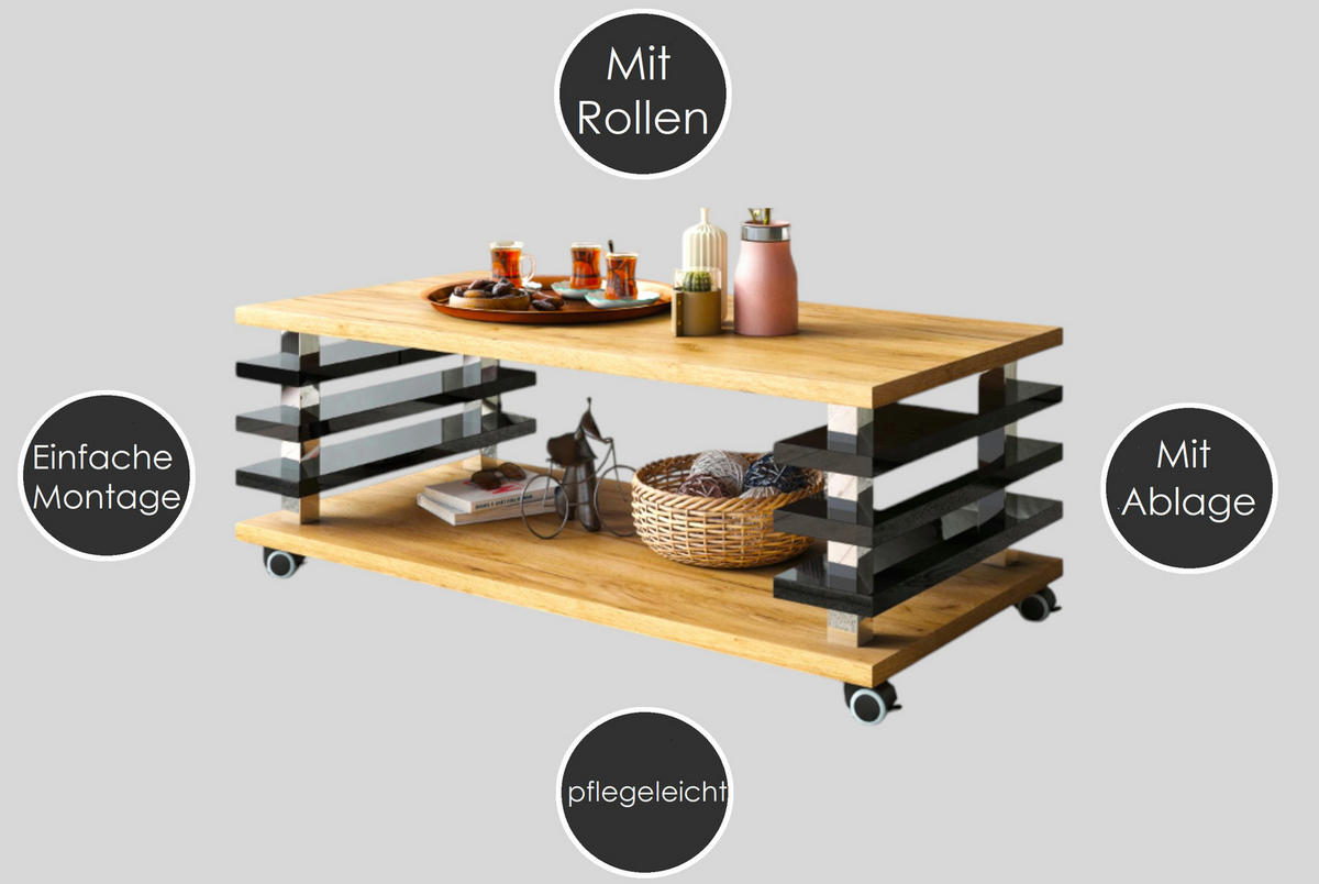 COUCHTISCH rechteckig Sonoma Eiche - Weiß Hochglanz Ablage Rollen - Weiß Hochglanz/Sonoma Eiche, Holzwerkstoff (60/120/45cm) - designimpex