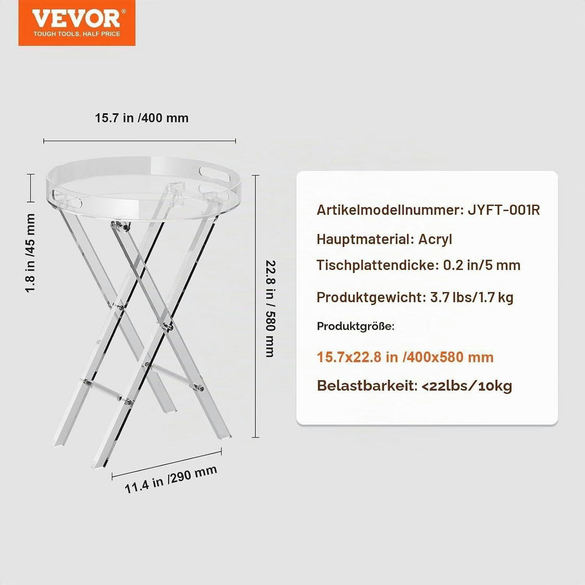 BEISTELLTISCH Acryl Klappbar Transparent 40 x 45 x 56 cm - Transparent, Kunststoff (29/39.9/57.9cm)