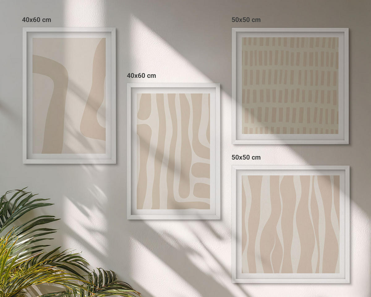 BILDER SET 4er Set - 50x50 cm & 40x60 cm Weißer Rahmen - Abstrakte Boho-Musterformen - Weiß, Kunststoff (50/50cm) - TULUP