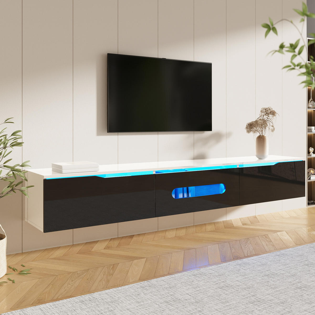 TV Lowboard LED, hängend, 3 Klapptüren, Schwarz Weiß - Schwarz, Holz (180/30/35cm)