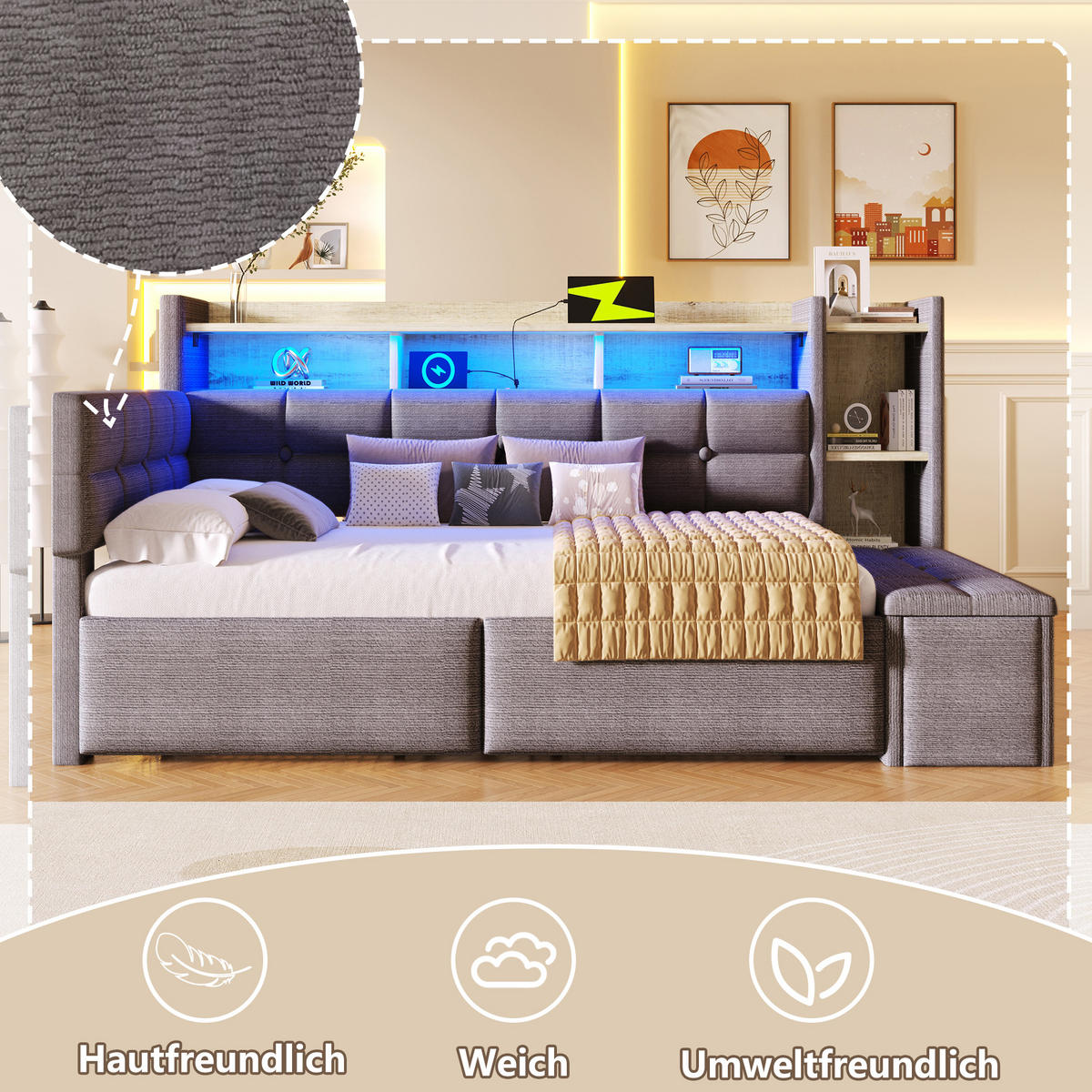 TAGEBETT 90x190cm Dunkelgrau Samt 2 Schubladen USB LED-Licht - Dunkelgrau, Holz (90/190cm) - FLIEKS