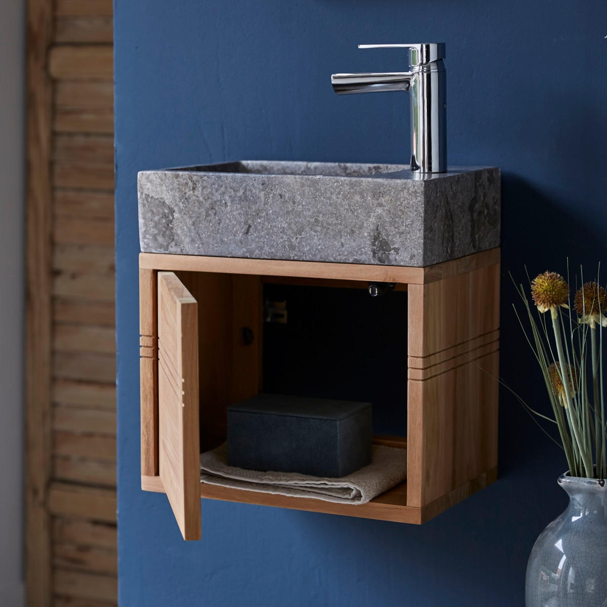 BADUNTERSCHRANK Basic Grau aus Teak - Grau, Holz (38/40/25cm) - Tikamoon