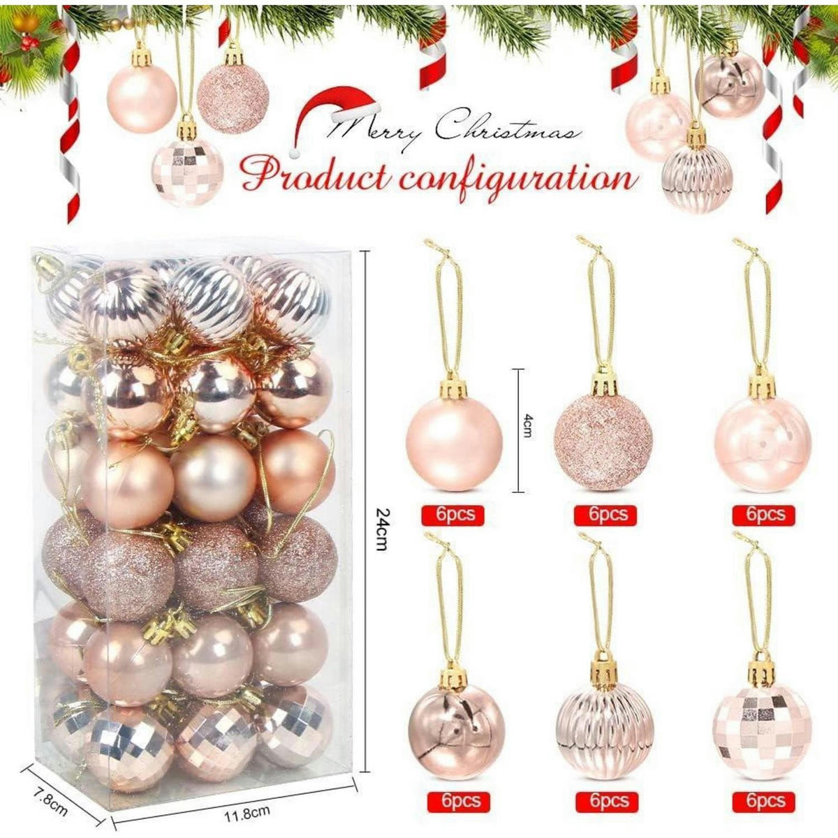 WEIHNACHTSKUGELN 36-teiliges Set Kunststoff 4 cm Roségold - Pink, Kunststoff (4/4/4cm)