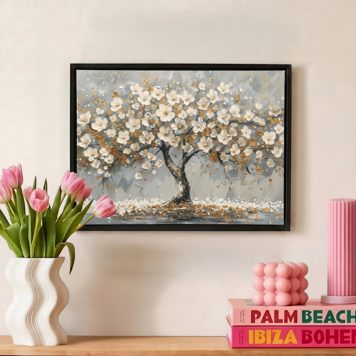 LEINWAND Bilder mit Rahmen - Baum - Blumen - Weiß - Natur - Kunst - 40x30 - Weiß, Textil (40/30cm) - MuchoWow