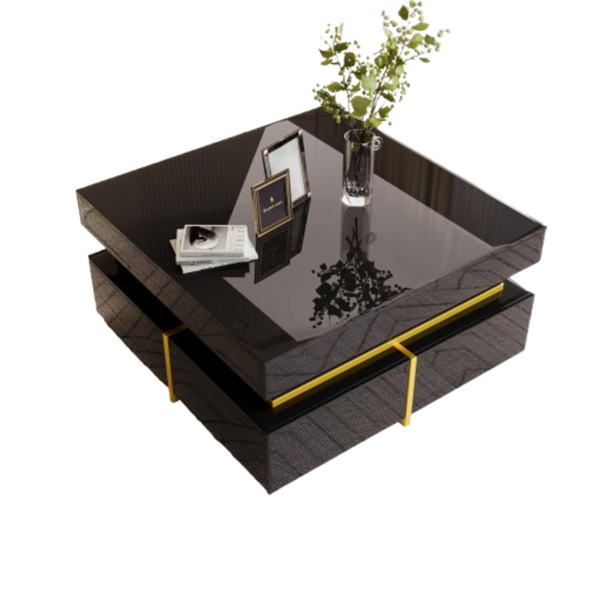 COUCHTISCH 70/35,5 cm schwarz mit Hochglanz-Oberfläche und goldenen Akzenten - Schwarz, Holzwerkstoff (70/70/35.5cm) - OKWISH