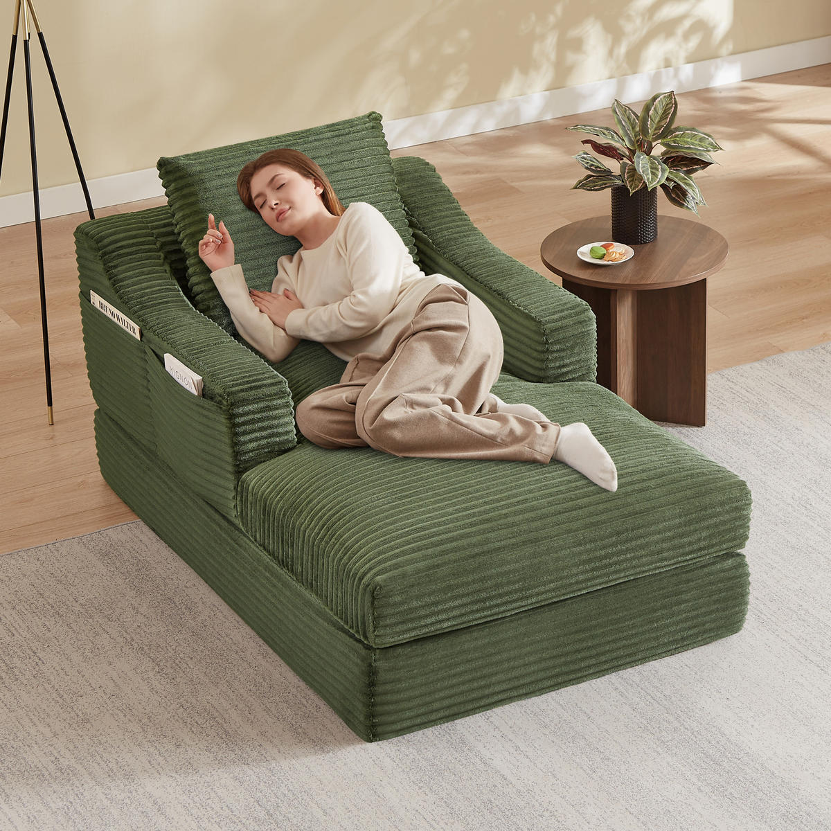 SCHLAFSESSEL mit ausziehbarer Liegefunktion und doppeltem Design aus Cord, Grün - Grün, Kunststoff (162/68/100cm) - Redom