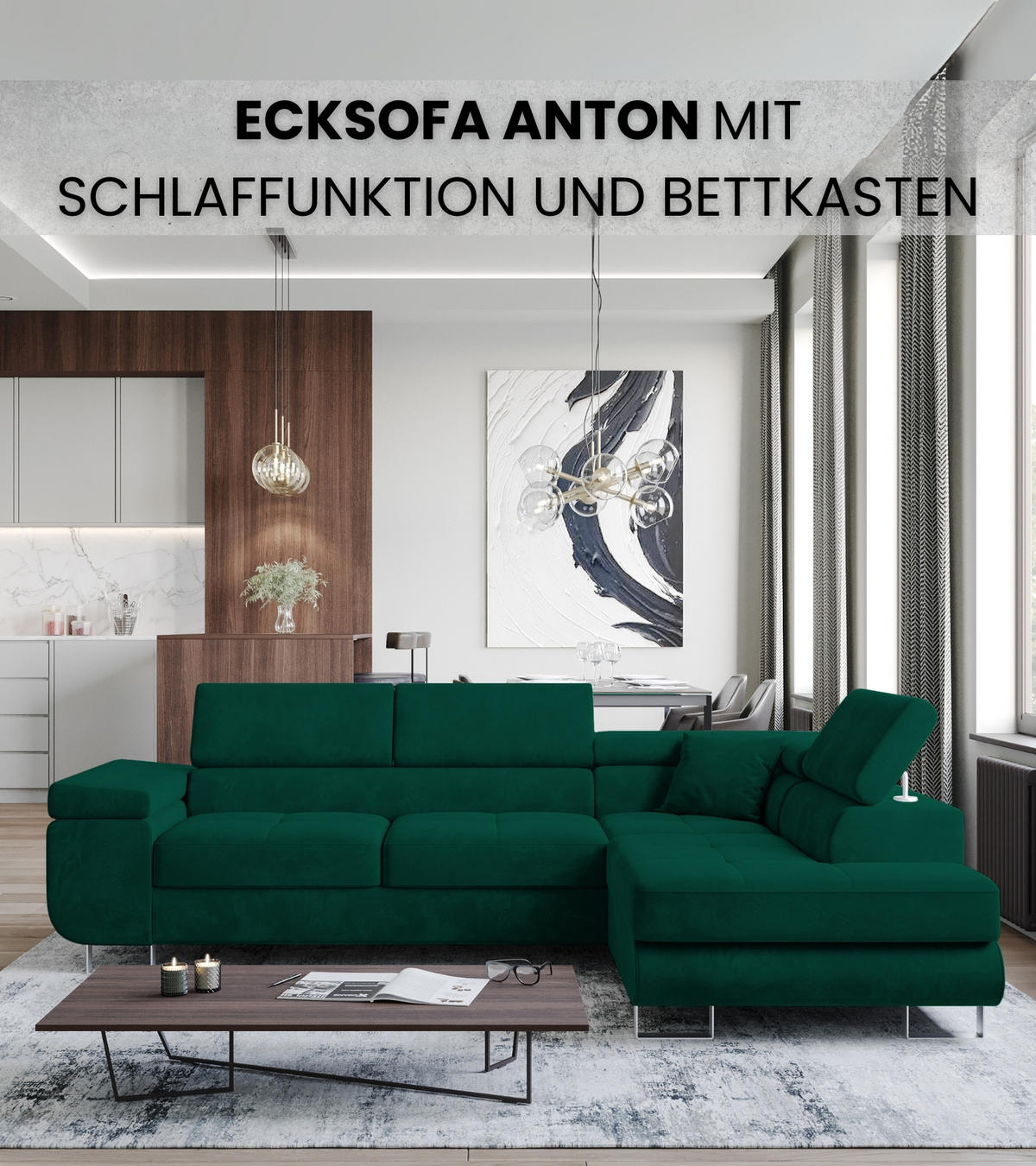 ECKSOFA Anton mit Schlaffunktion Grün Samt - Silberfarben/Grün, Textil/Metall (142/275cm) - Bromarkt
