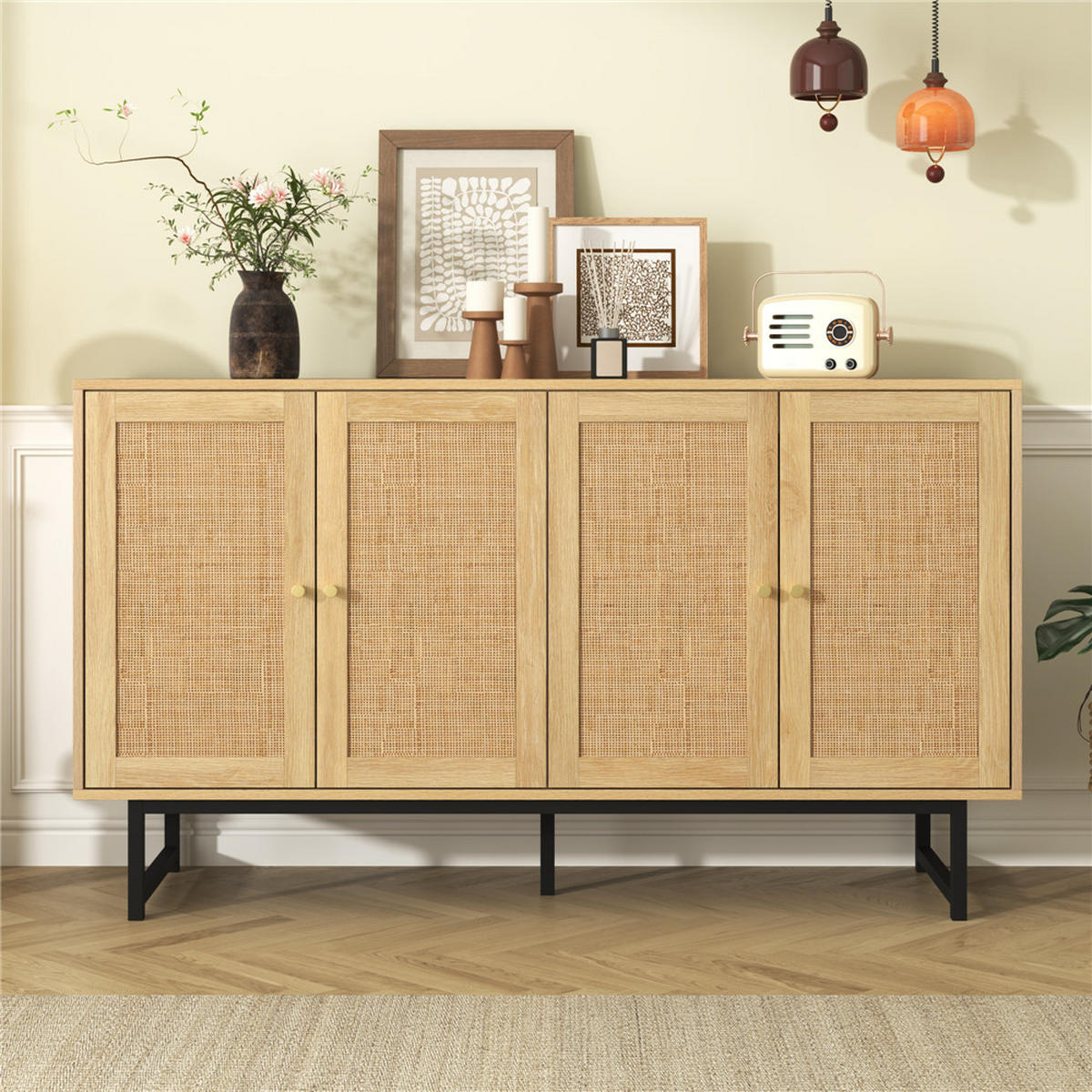 SIDEBOARD 140/80/39,5 cm mit 4 Türen Rattangeflecht - Naturfarben, Holz (140/80/39.5cm) - Kaket