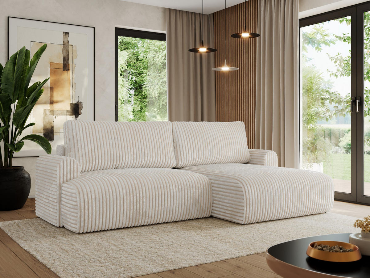 ECKSCHLAFSOFA TONO L Creme Cord - rechts - Creme/Schwarz, Kunststoff/Textil (150/260cm) - MKS