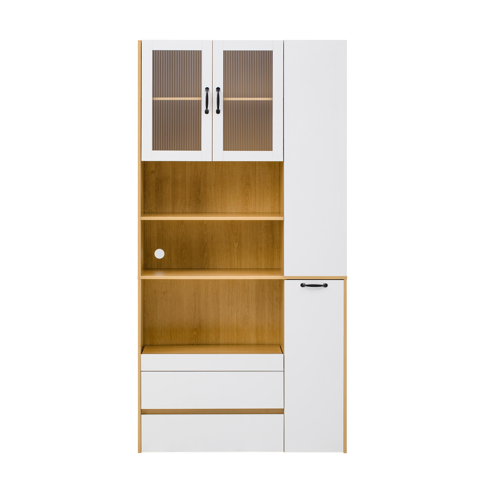 HIGHBOARD 100/40/200 cm mit Schubladen, Glastüren und ausziehbarer Ablage aus MDF, Weiß/Natur - Hellbraun/Weiß, Holzwerkstoff (100/200/40cm) - Redom
