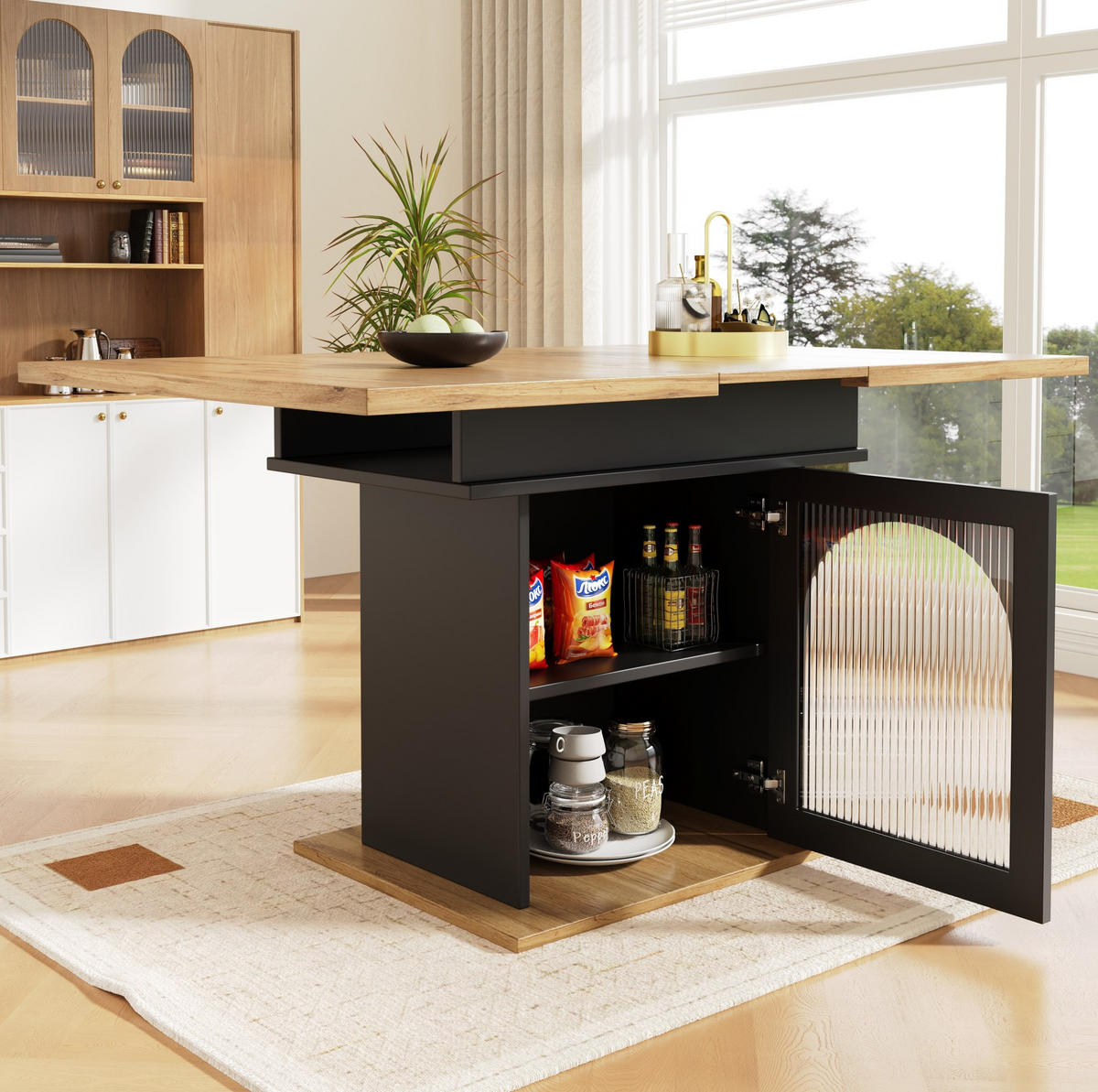 ESSTISCH 110-140x80x76 cm in Schwarz aus MDF mit Regenbogen-Glastüren und 3 Ablagen ausziehbar - Schwarz, Holzwerkstoff (140/80/76cm) - Modfu