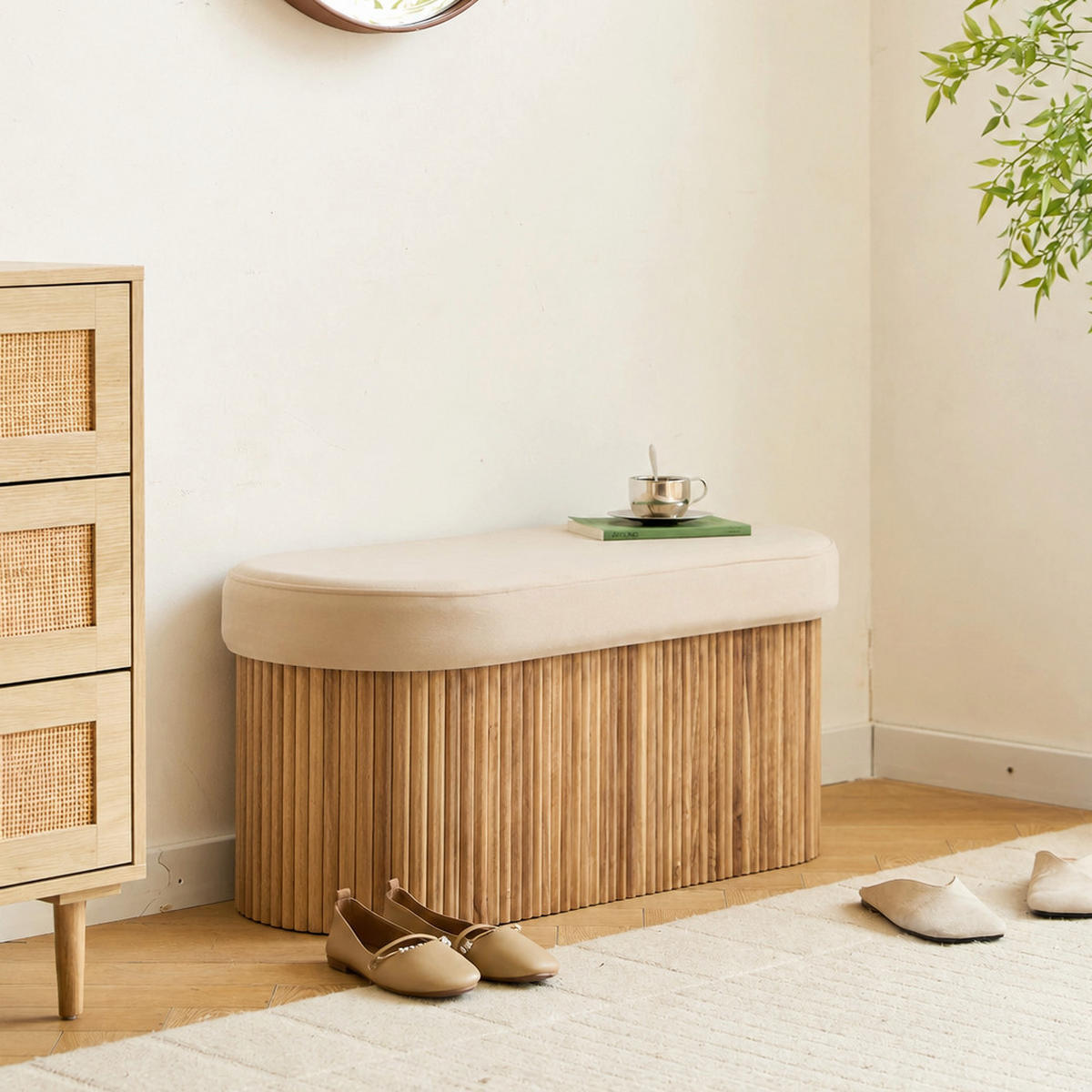 TRUHENBANK Samt Beige - Beige, Textil (89/43/40cm) - Nordlys