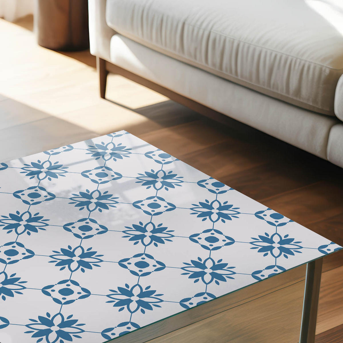 TISCHPLATTE 50x50 cm – Blumenmuster - Blau, Glas (50/50/0.4cm) - Wallfluent