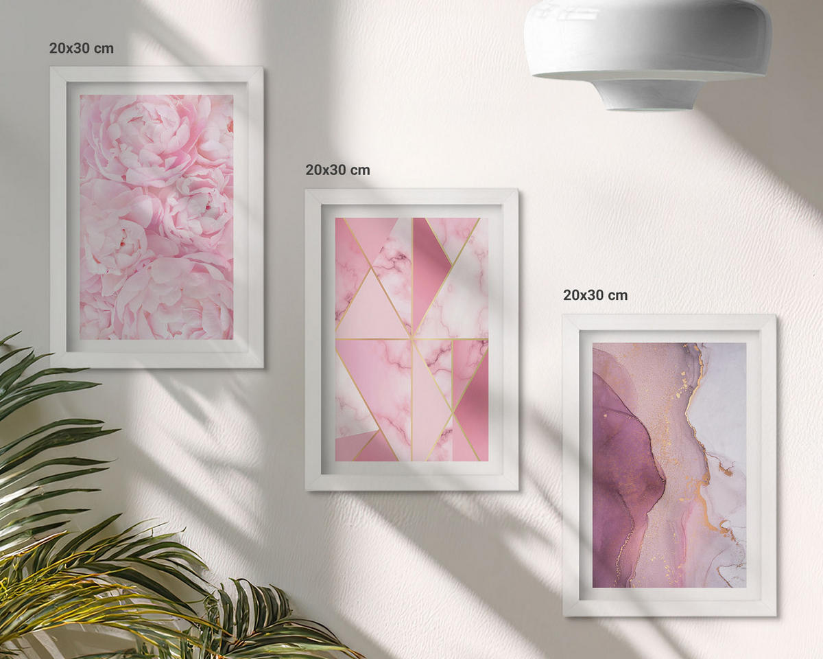 BILDER SET 3er Set - 20x30 cm Weißer Rahmen - Rosa geometrische Pfingstrosen - Weiß, Kunststoff (20/30cm) - TULUP