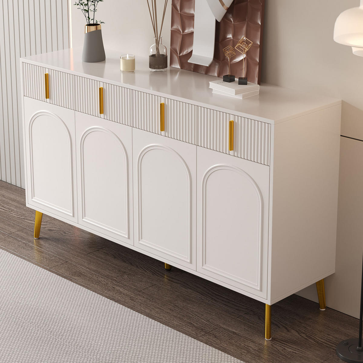SIDEBOARD aus weißem MDF mit Melamin, 4 Türen und 4 Schubladen, goldene Griffe und Beine, 140/38/82 cm, Weiß - Weiß, Holzwerkstoff (140/82/38cm) - Redom