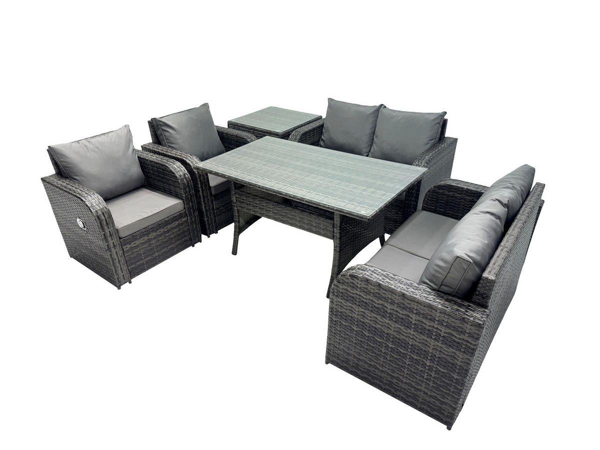 GARTENSET mit Zweisitzer,Esstisch,Beistelltisch Polyrattan 6-Sitzer - Dunkelgrau/Grau, Glas/Kunststoff - Fimous