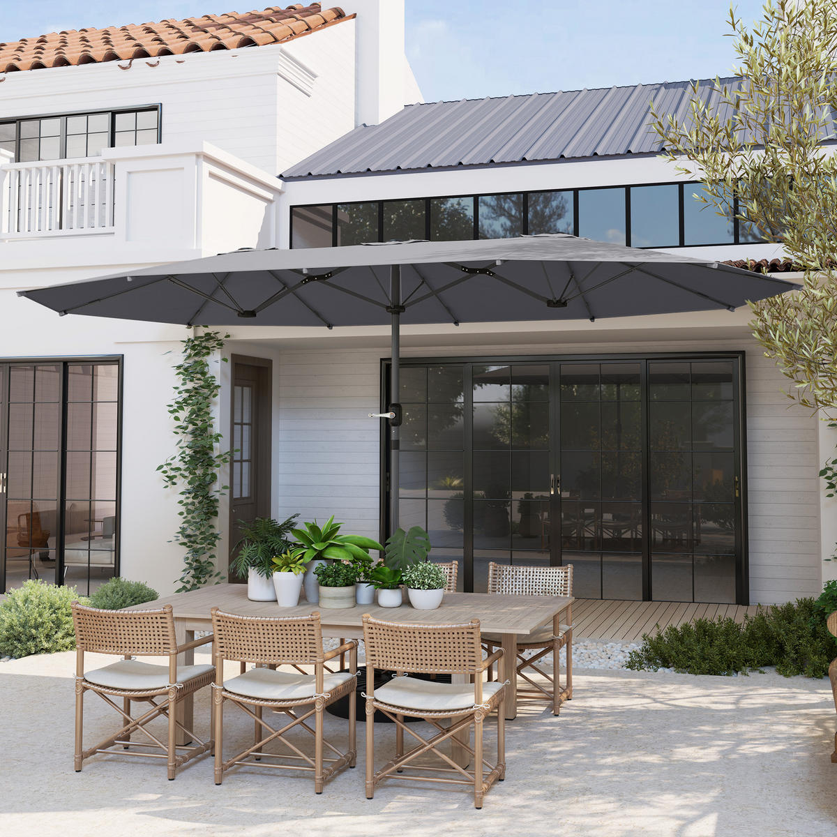 DOPPELSONNENSCHIRM Stahl 436 x 260 cm - Dunkelgrau, Metall (260/436cm) - Outsunny