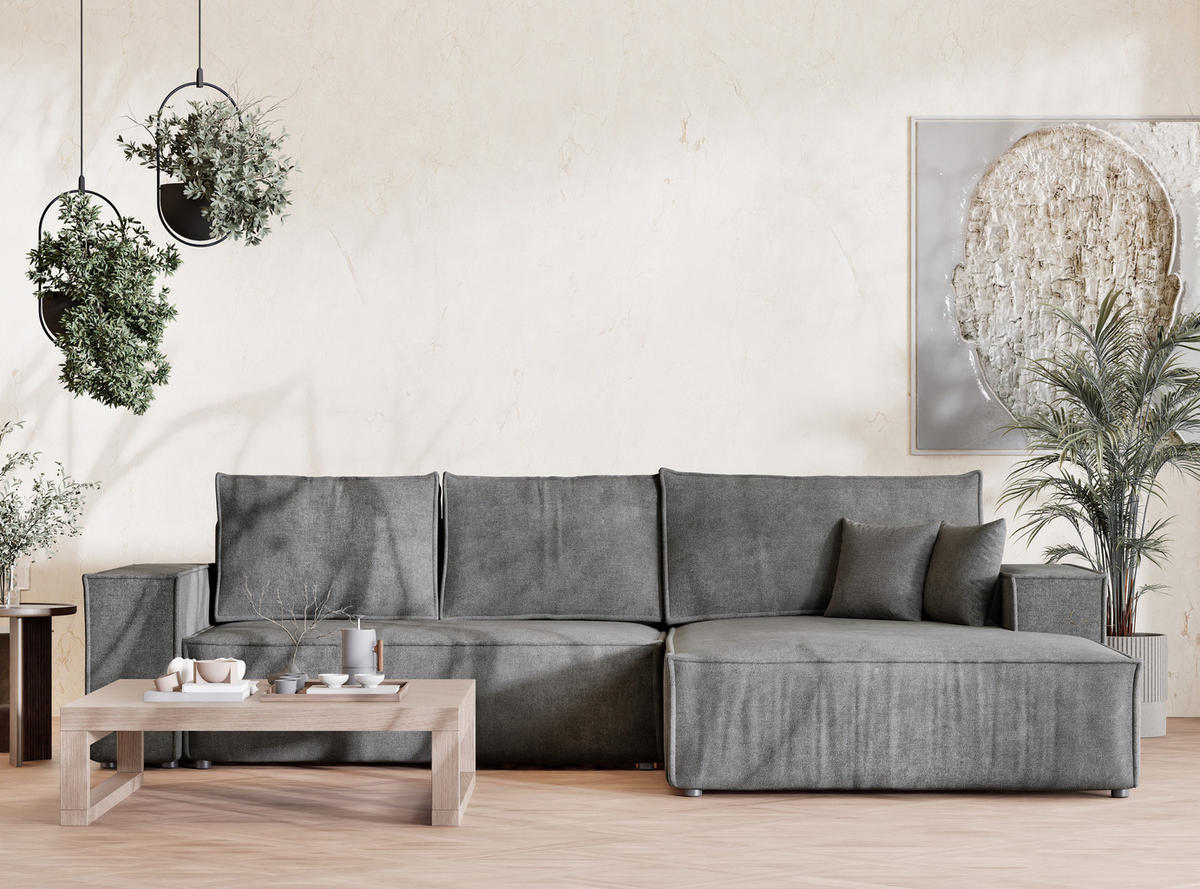 ECKSOFA Maze Grau Chenille-Stoff - Rechts Seite - Schwarz/Grau, Holz/Holzwerkstoff (294/185cm) - Maison de Reve