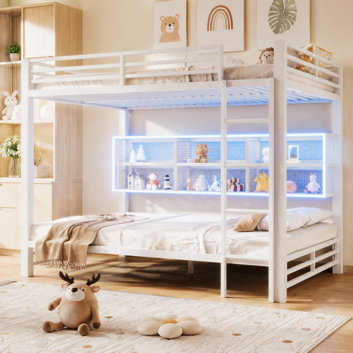 ETAGENBETT 140/200 mit LED, 6 Stauraumschränken und Schutzgittern in Weiß - Weiß, Holzwerkstoff/Metall (140/200cm) - EVRYAE
