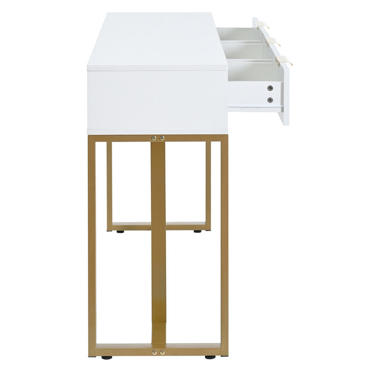 BEISTELLTISCH Weiß Schublade Gold Gestell Verstellbare Füße Goldene Griffe - Weiß, Holz (132.08/44.45/16.51cm) - FLIEKS