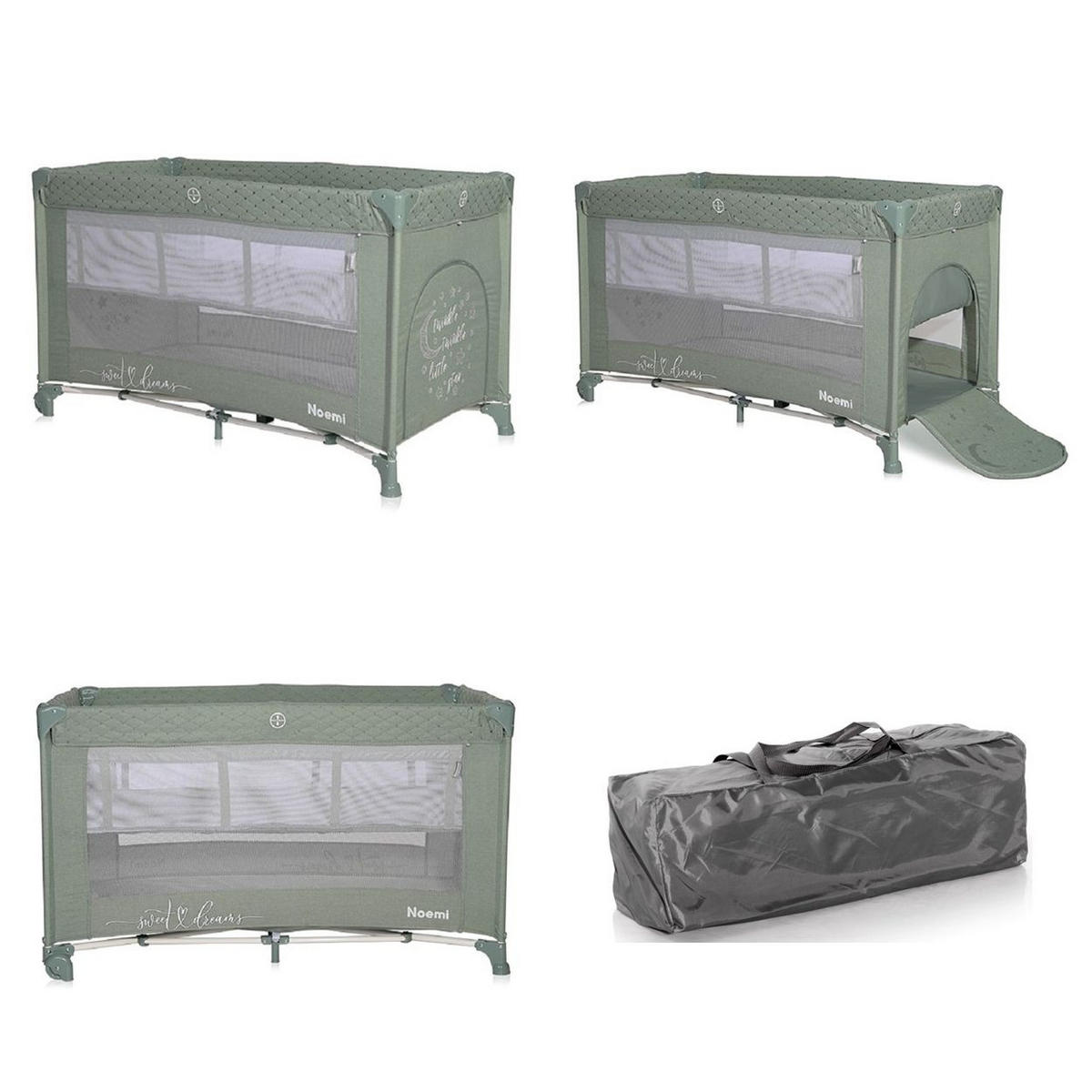 REISEBETT Noemi 2 Ebenen grün seitliche Öffnung Matratze Räder Tragetasche - Grün, Kunststoff (65/127cm) - Lorelli