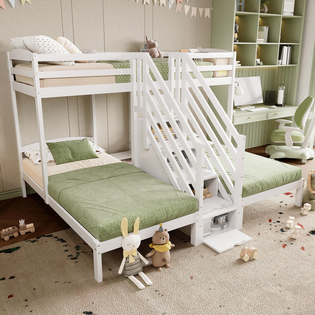 HOCHBETT 90x200cm Weiß Kiefernholz 3 Betten EN747 Leiter mit Schubladen - Weiß, Holz (90/200cm) - FLIEKS