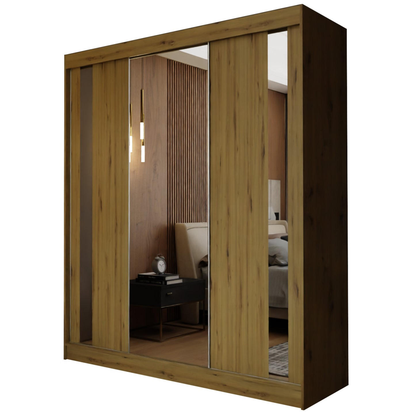 SCHWEBETÜRENSCHRANK GRAZIA 180/216/61 cm 3-türig mit Spiegel Eiche Artisan - Eiche Artisan, Holzwerkstoff (180/216/61cm) - MASSENO