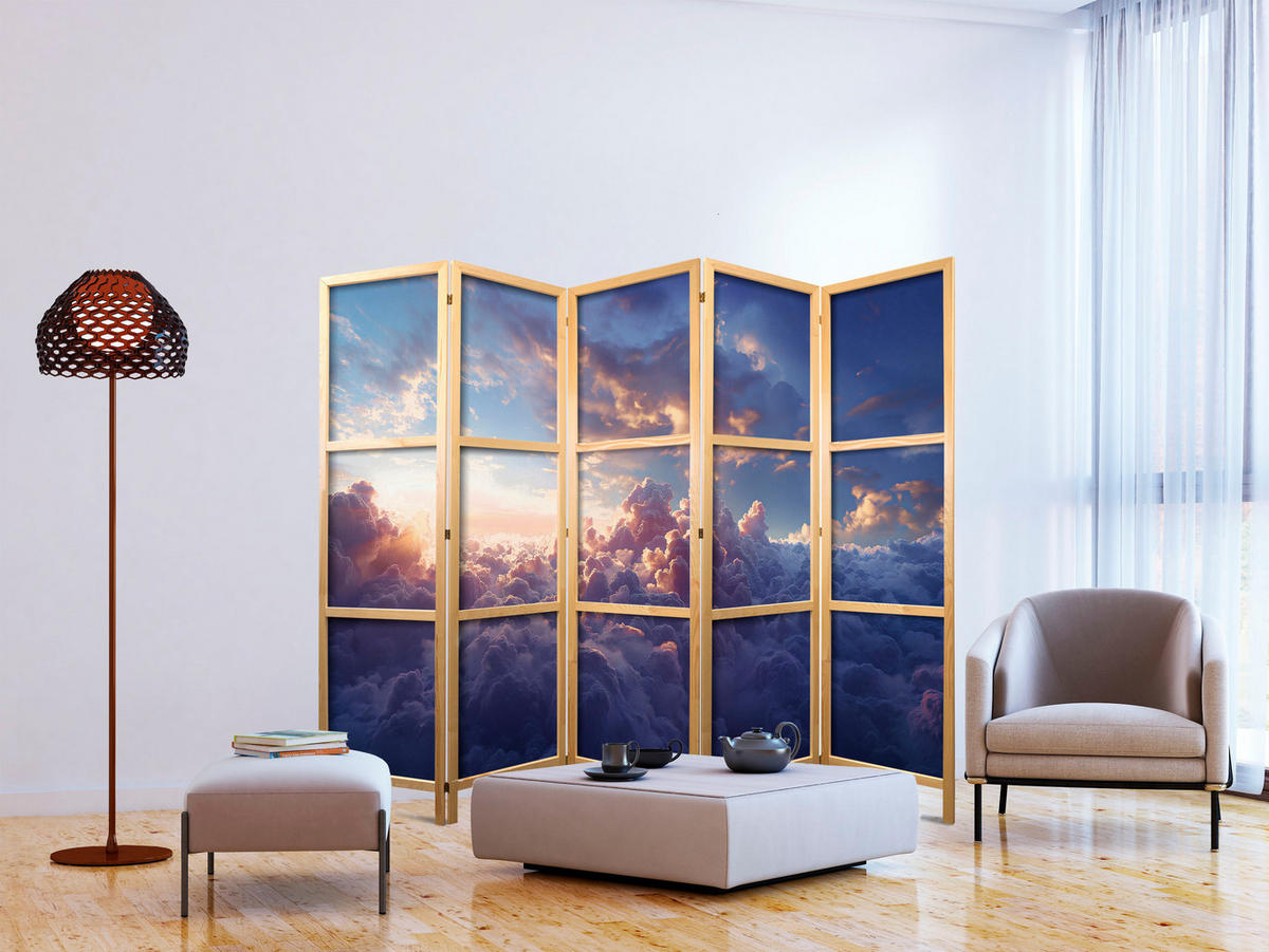 PARAVENT Japanischer 5-tlg 225x172 cm Wolken Himmel 3D - Multicolor, Holz/Textil (225/172/3cm) - Muralo