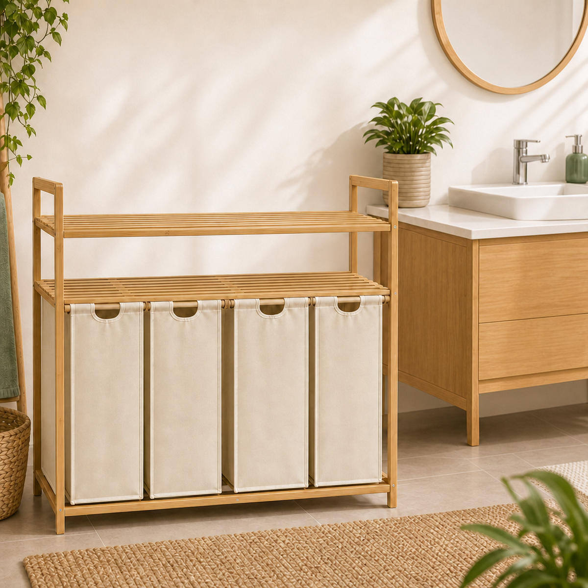 WÄSCHESAMMLER Natur-Beige 4er-Set Bambus - Multicolor, Holz/Textil (103/100/41.5cm) - Relaxdays