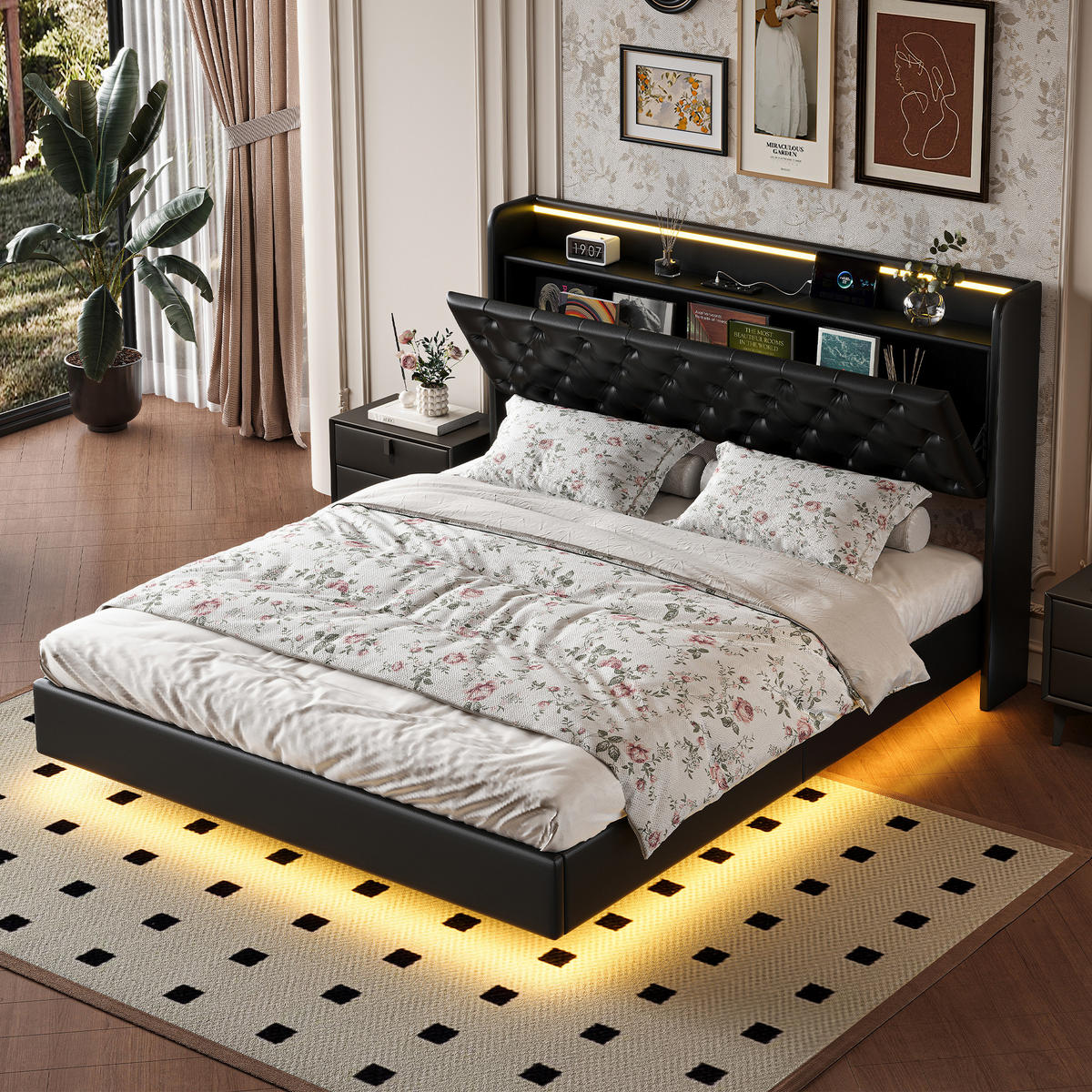 POLSTERBETT 140x200 cm, mit LED, USB & Typ-C, Bettkasten, Schwarz - Schwarz, Holz (140/200cm)