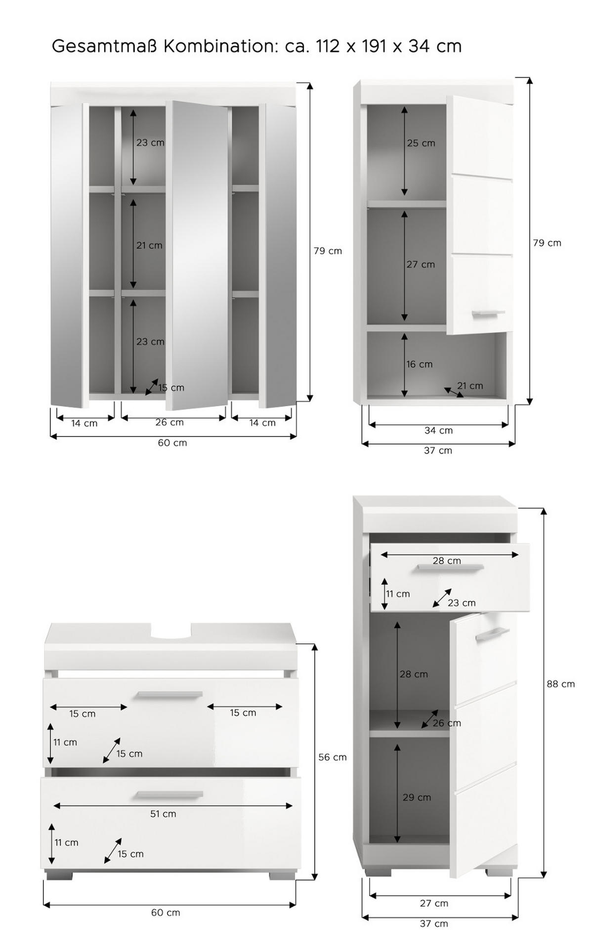 BADMÖBEL-SET weiß Hochglanz 4-teilig 112 cm, Komplettset mit viel Stauraum - Weiß Hochglanz, Glas/Holzwerkstoff (112/191/37cm) - Inn.Furn