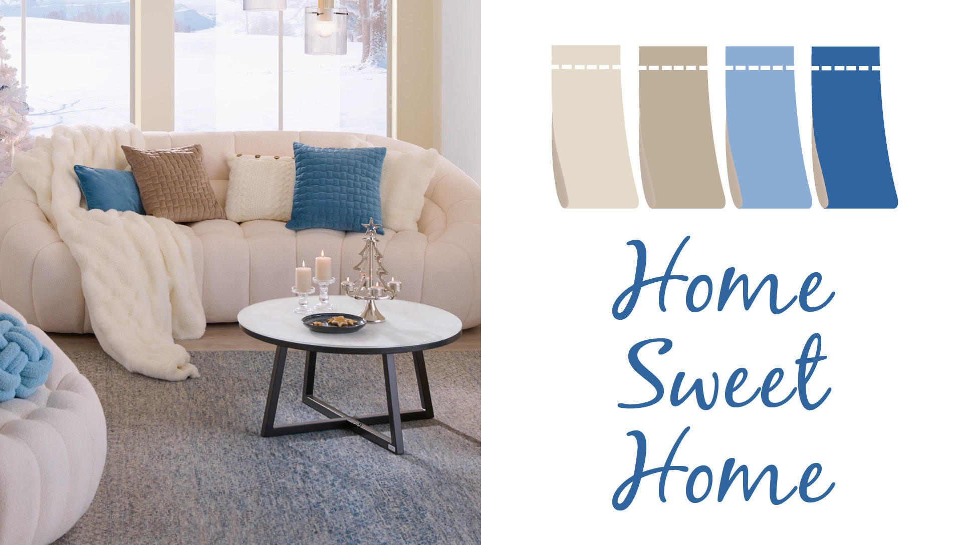 Home Sweet Home Farbpalette beige und blau;Weiße Couch mit blauen, weißen und braunen Heimtextilien