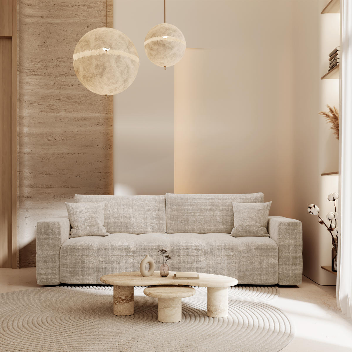 SCHLAFSOFA Express VIBE Geprägter Samt Creme 206cm - Creme, Textil (206/80/100cm) - Premium Interiors