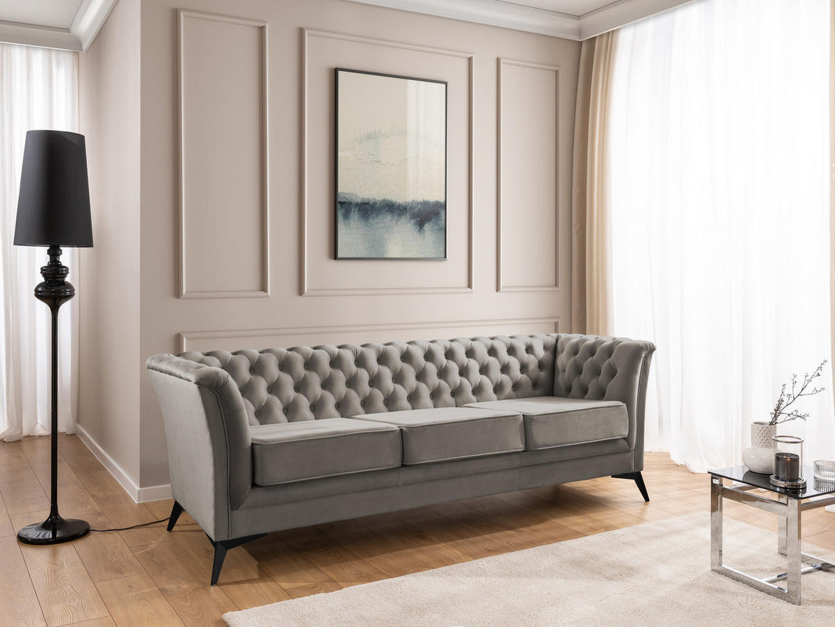 CHESTERFIELD-SOFA 3-sitzer Whitby Grau Samt mit schwarzen Füßen - Schwarz/Grau, Holz/Textil (237/78/82cm) - S-Style Möbel