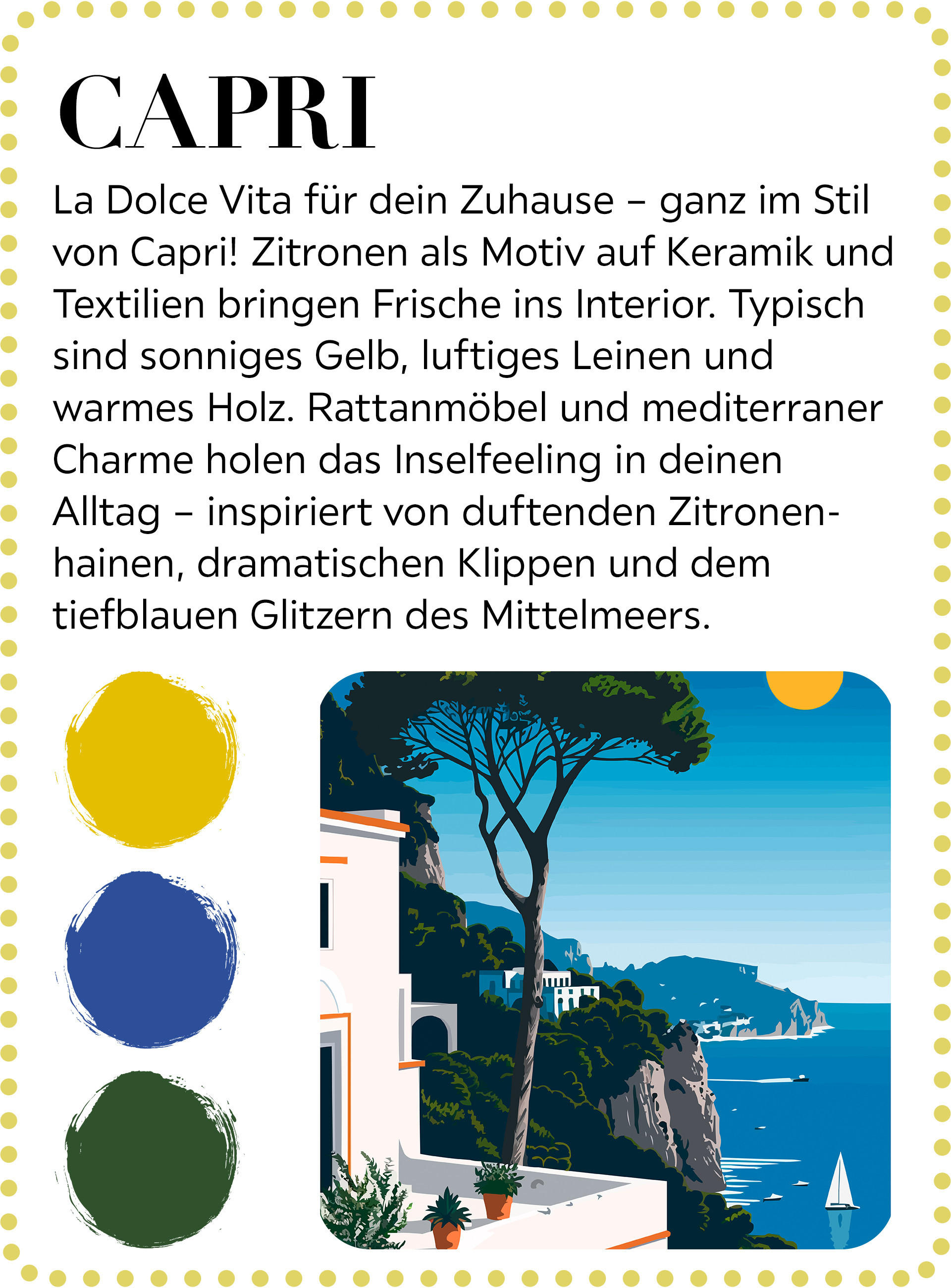 Mediterrane Küstenlandschaft mit weißen Häusern, Zitrone als Motiv, sonniges Gelb, Blau und Grün, inspiriert von Capri