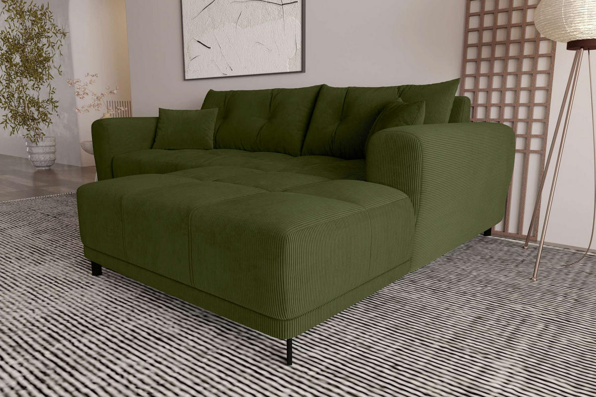 ECKSOFA Massimo Cordstoff Olivgrün inkl. Schlaffunktion Rechts - Schwarz/Olivgrün, Textil/Metall (246/177cm) - 99rooms