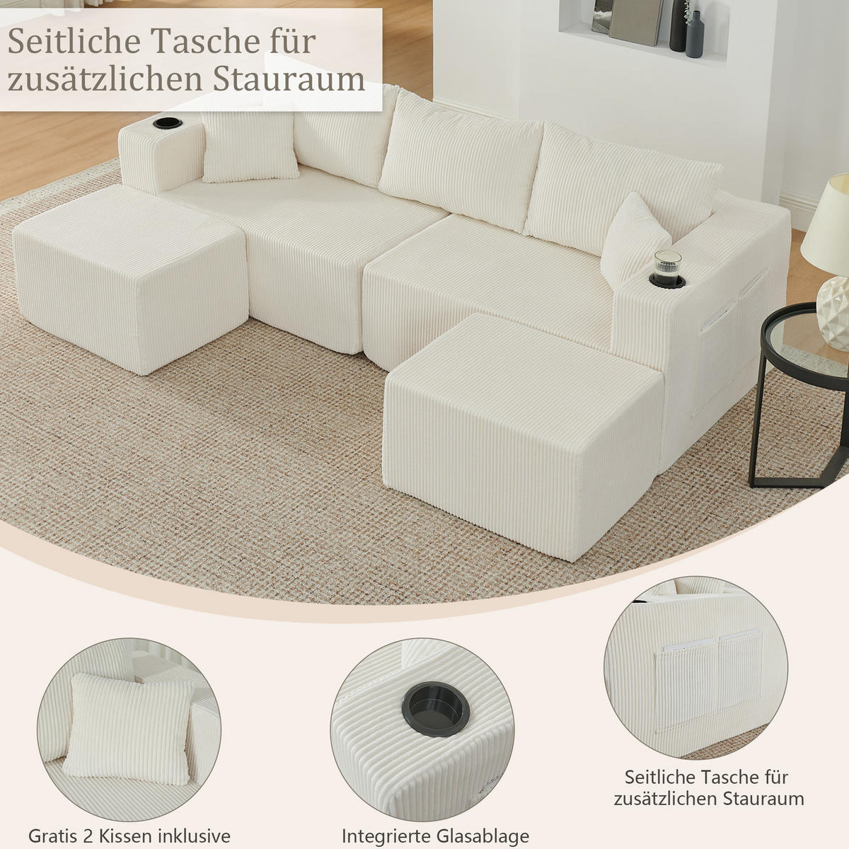 SOFA modulares Ecksofa 3-Sitzer Cord Beige mit 2 Ottomanen - Beige, Kunststoff (230/75/138cm) - IVMEU