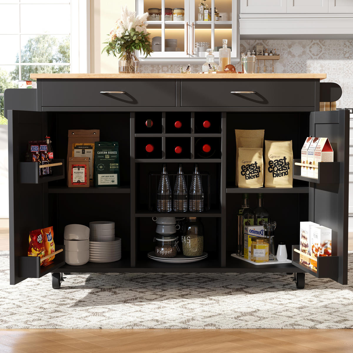 SERVIERWAGEN 102x45x92cm Schwarz mit Weinregal,Trennwänden & Lenkrollen - Schwarz, Holzwerkstoff (102/92/45cm) - Modfu