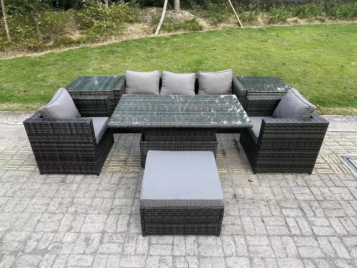 GARTENSOFA Hohe Rückenlehne Polyrattan 5-Sitzer - Dunkelgrau/Grau, Glas/Kunststoff - Fimous