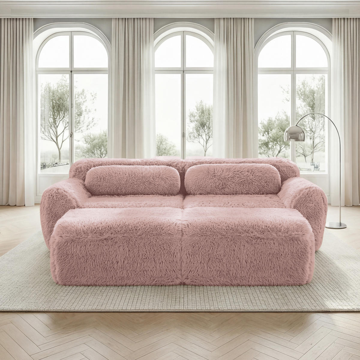 SCHLAFSOFA 2-Sitzer aus Plüschstoff mit 2 Hockern, Rosa - Rosa, Textil (204/73/179cm)