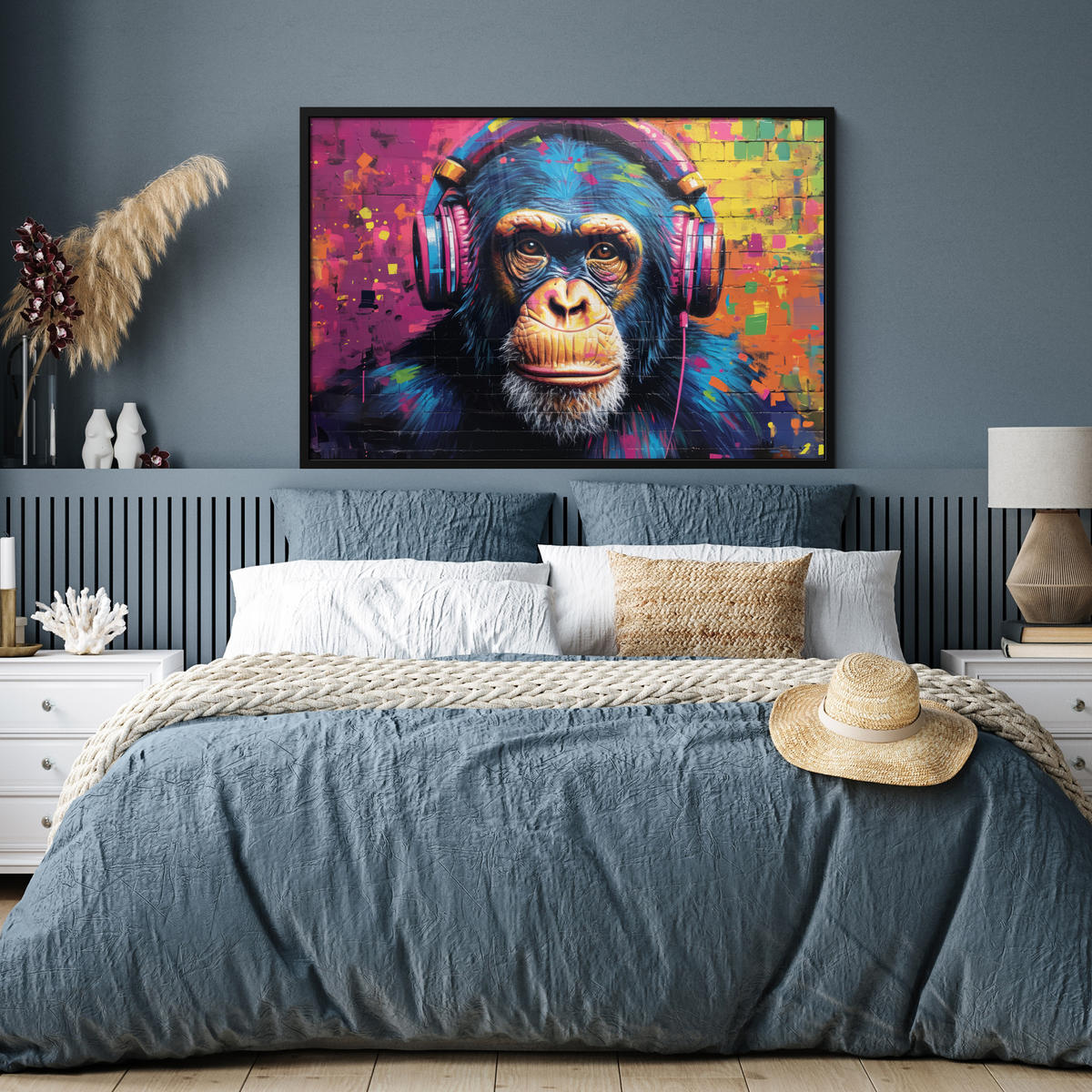 POSTER MIT RAHMEN Graffiti - Schimpanse - Straßenkunst - Kopfhörer - Affe 120x80 cm - Blau, Papier (120/80cm) - MuchoWow