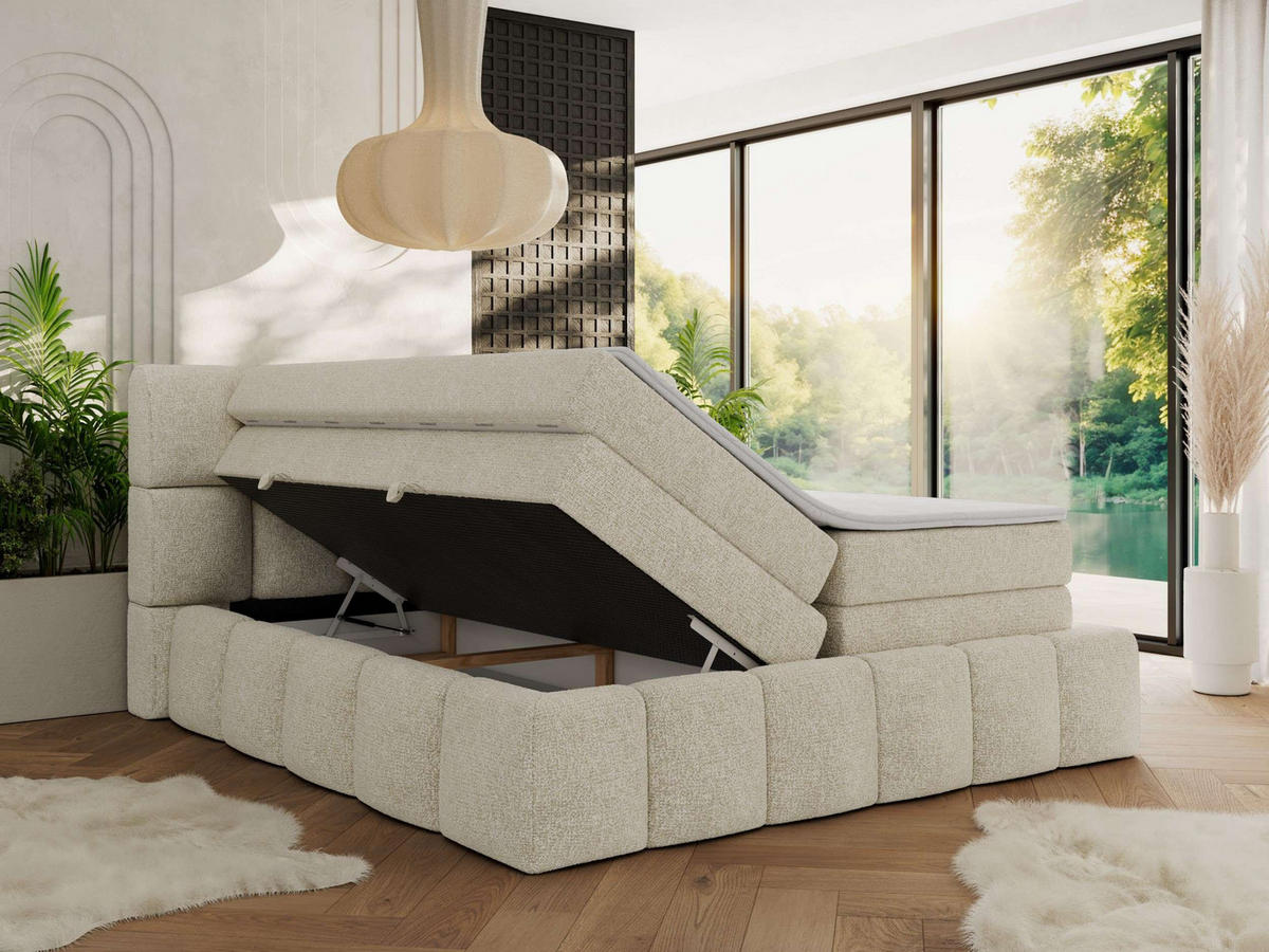 BOXSPRINGBETT NIRA KING 200/200 Creme Strukture - H4 - Creme, Holz/Textil (200/200cm) - MKS