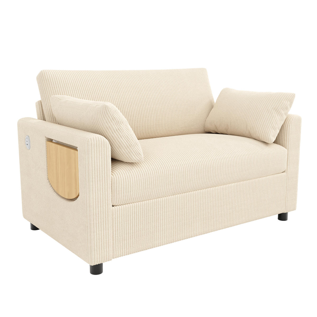 SCHLAFSOFA 134/82/84 cm Beige mit USB‑Ladeanschluss, klappbarem Seitentisch, Matratze, 2 Bettlaken und 2 Kissen - Beige, Textil (134/84/82cm) - Oxeza