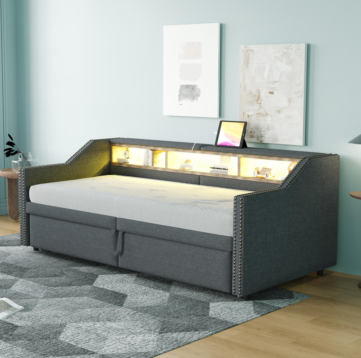 SCHLAFSOFA Ausziehbares 90/180/200 cm Dunkelgrau mit Multifunktionalem Staufach und LED-Licht - Dunkelgrau, Textil (90/200cm) - OKWISH