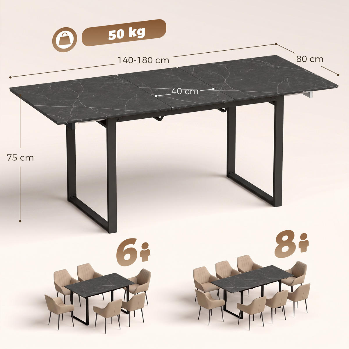 AUSZIEHBARER Esstisch MDF Schwarz - Schwarz, Holzwerkstoff (180/80/75cm) - HOMCOM