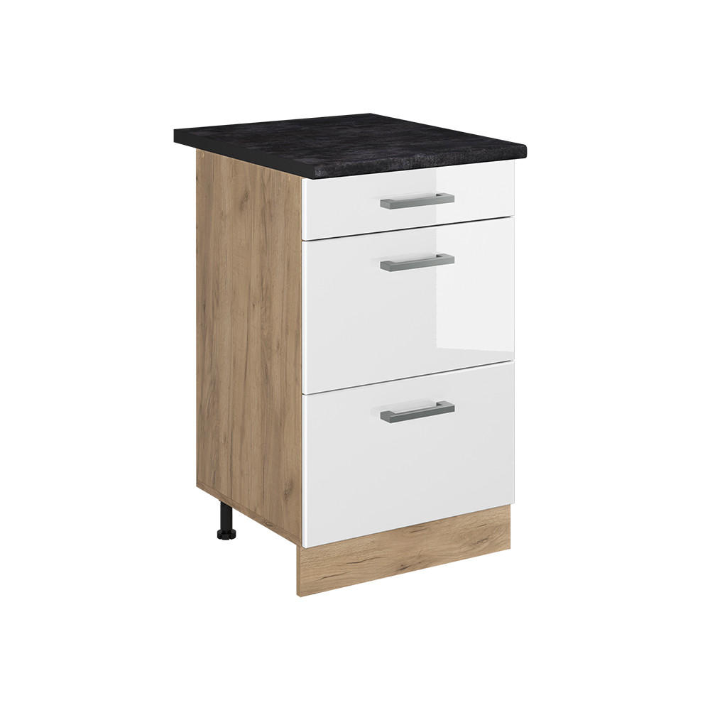 KÖKSUNDERSKÅP R-Line, Vit högblank/Goldkraft ek, 50 cm antracitas stalviršis Vit högglans, Honungsek 81.6/50/60 cm