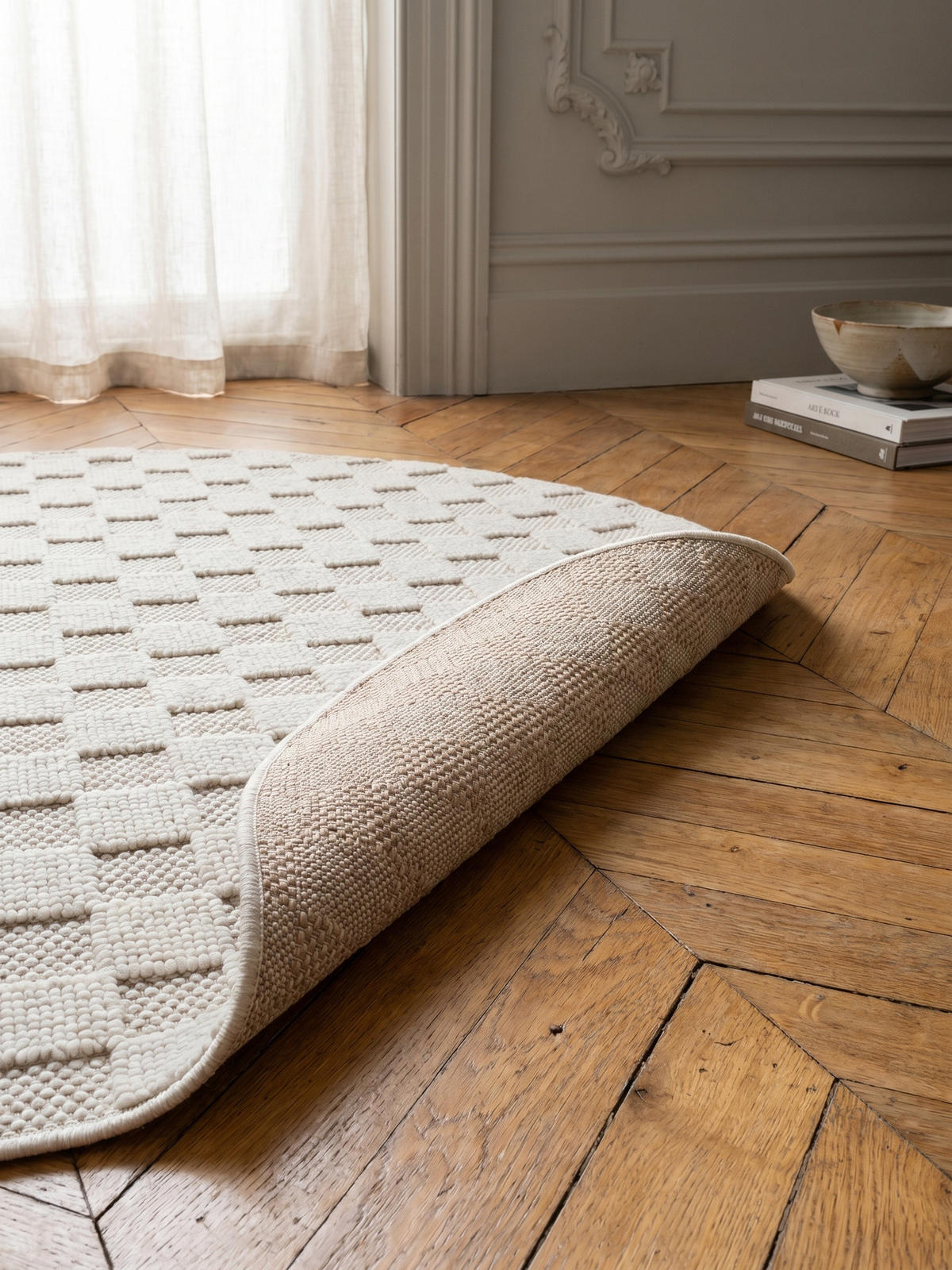 TEPPICH Flachgewebe LANGAU in Creme, mit Schachbrettmuster, Ø 80 cm - Creme, Textil (80/80cm) - KADIMA DESIGN